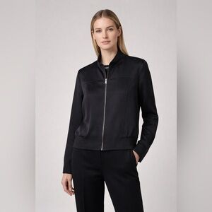 Lafayette 148 L Black Silk Bomber Jacket Zip Front Minimalist Luxe Funnel Neck